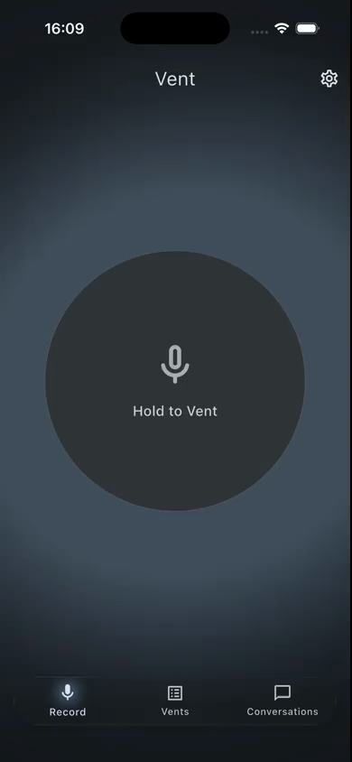Vent Record tab with hold-to-vent and live transcription
